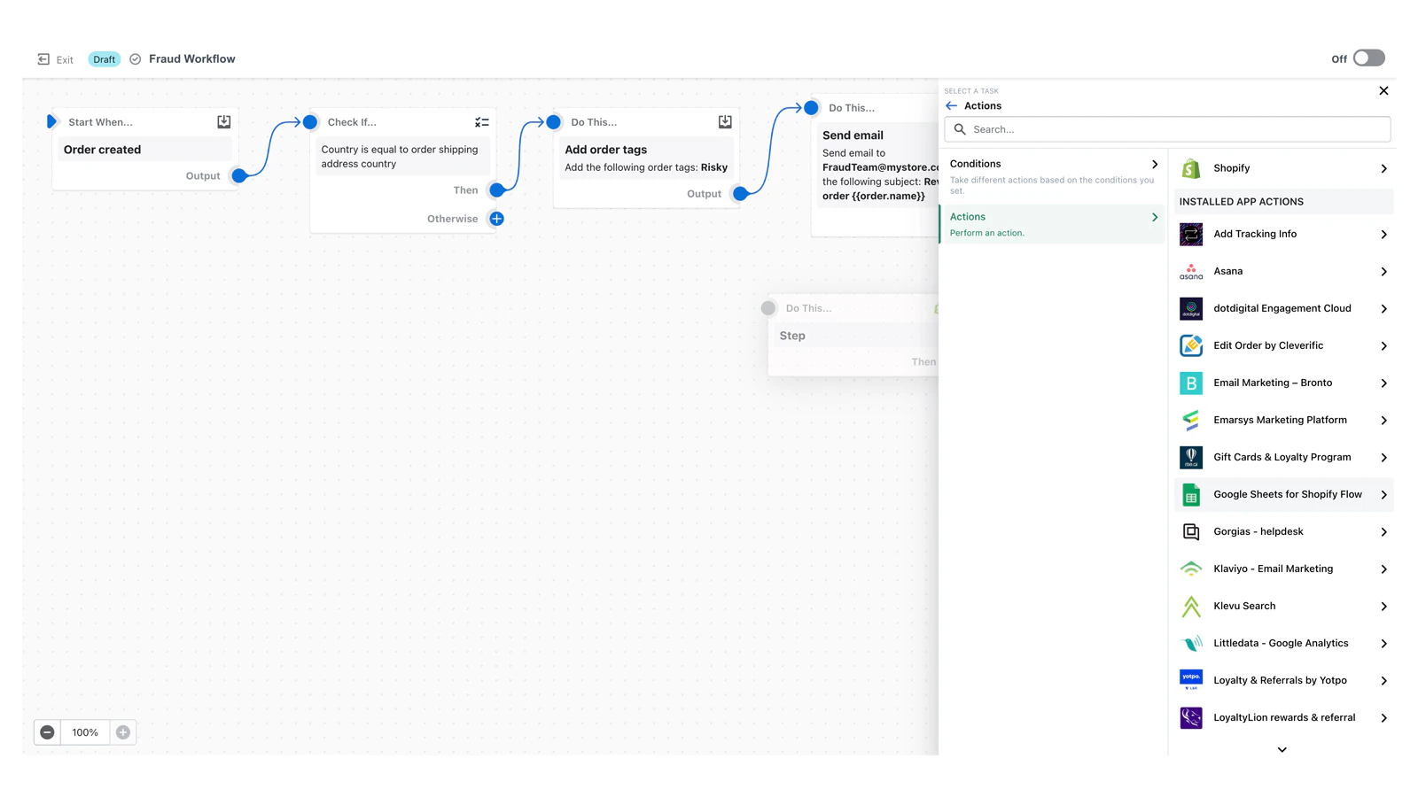 Shopify Flow builder dashboard showing ecommerce automation software.