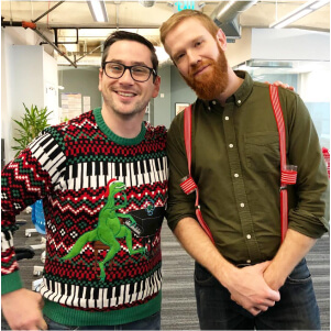 Aaron and Alex in holiday sweaters